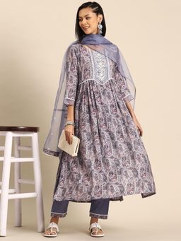 Gahan - Purple Cotton Blend Thread Work Embroidered Kurta with Pant and Dupatta