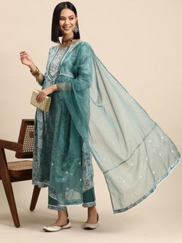 Gahan - Teal Cotton Blend Thread Work Embroidered Kurta with Pant and Dupatta
