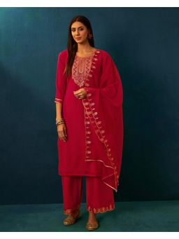 Gahan - Women Zari Embroidered Sequence Red Kurta with Pant and Dupatta
