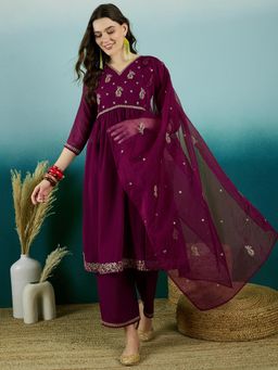 Gahan - Wine Silk Blend Zari Sequence Embroidered Kurta with Pant and Dupatta