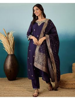 Gahan - Embroidered Zari Sequence Purple Silk Blend Kurta with Pant and Jacquard Dupatta