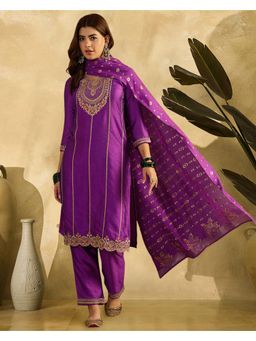 Gahan - Purple Vichitra Zari Sequence Thread Kurta with Pant and Dupatta