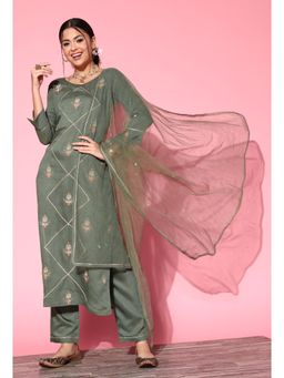 Gahan - Green Cotton Blend Zari Sequence Embroidered Straight Kurta Pant with Dupatta