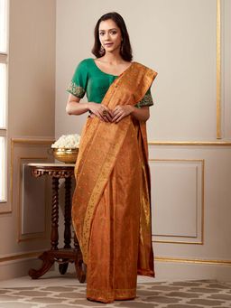 WeaverStory - Handloom Mustard Tanachi Jamawar Saree With Unstitched Blouse