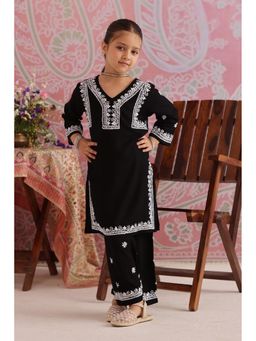HOUSE OF KARI - Kids Black Hand-Embroidered Chikankari Rayon Kurta with Palazzo