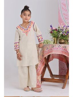 HOUSE OF KARI - Kids Beige Hand-Embroidered Chikankari Slub Cotton Kurta with Palazzo