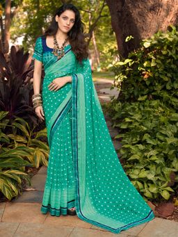 Odette - Womens Chiffon Sea Green Printed Saree with Unstitched Blouse