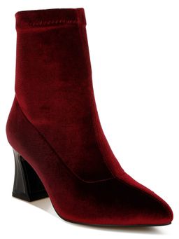 London Rag - Burgundy Flared Block Heel Velvet Boots
