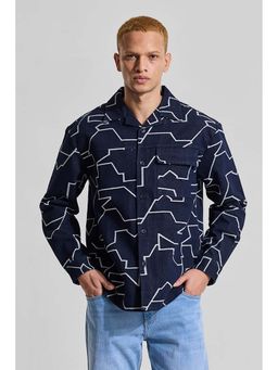 Snitch - Navy Blue Printed Relaxed Fit Shirt
