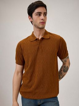 Spykar - Brown Self Design Regular Fit Polo T-Shirt