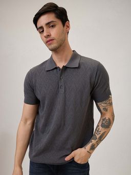 Spykar - Grey Self Design Regular Fit Polo T-Shirt