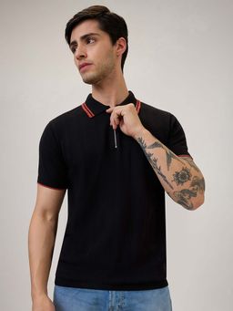 Spykar - Black Self Design Regular Fit Polo T-Shirt