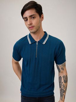 Spykar - Blue Self Design Regular Fit Polo T-Shirt