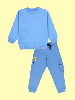 KiddoPanti - Blue Boys Solid Fleece Round Neck Sweatshirt And Joggers