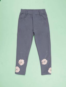 KiddoPanti - Polyester Spandex Stones And Flower Appliques Twill Jegging Pant
