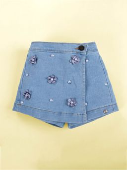 KiddoPanti - Girls Denim Over Lap Skorts With Flowers And Pearls