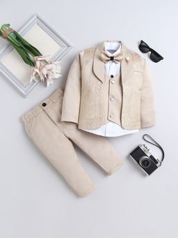 FOURFOLDS - Boys Beige Floral Blazer Shirt With Trouser And Bow