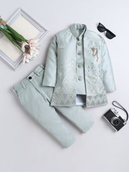 FOURFOLDS - Boys Grey Embroidered Sherwani And Trouser With Shrug