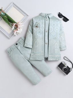 FOURFOLDS - Boys Grey Floral Sherwani And Trouser With Shrug