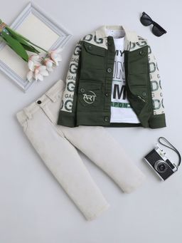 FOURFOLDS - Boys Olive Graphic Jacket And T-Shirt With Pant