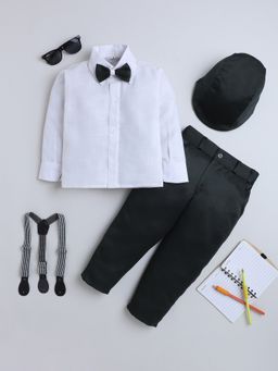 FOURFOLDS - Boys Black Solid Shirt Trouser With Cap Suspender And Bow