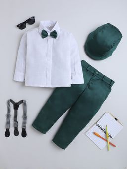 FOURFOLDS - Boys Green Solid Shirt Trouser With Cap Suspender And Bow