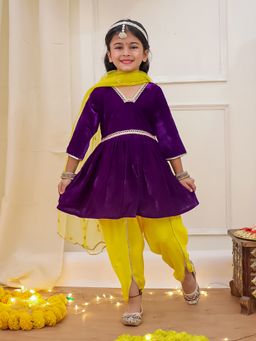 KID1 - Veena Velvet Peplum Kurta With Dhoti Pant And Dupatta