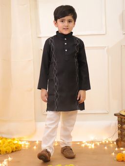 KID1 - Embroidered Silk Kurta With Pyjama