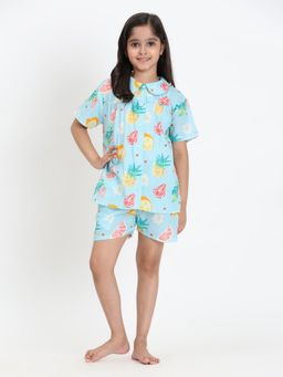 Maaesa - Girls Green Cotton Collar Neck Shirt With Shorts