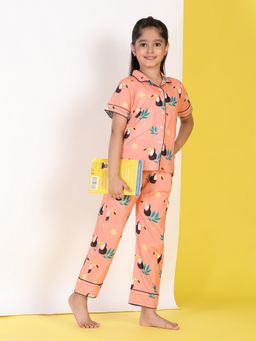 Maaesa - Girls Orange Cotton Collar Neck Shirt With Pyjama