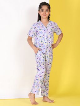 Maaesa - Girls Purple Cotton Collar Neck Shirt With Pyjama