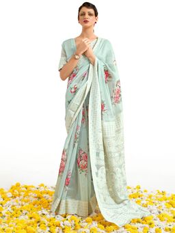 Odette - Women Modal Sea Green Digital Print Designer Saree with Unstitched Blouse
