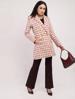 HONNETE - Women Casual Regular Fit Double Breasted Check Trench Winter Coat