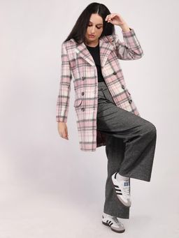 HONNETE - Women Casual Regular Fit Double Breasted Wide Check Women Winter Overcoat