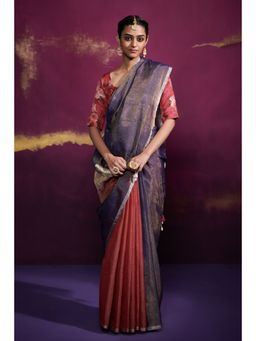 Dressfolk - Handwoven Deep Pink, Deep Blue Tissue Saree with Silver Metallic Border 100% Pure Handloom Silk