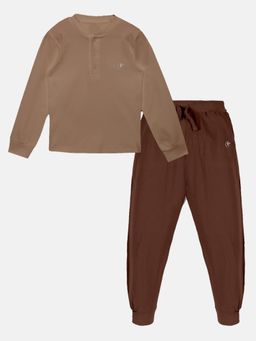 KiddoPanti - Solid Full Sleeve Henley Neck Rib T-Shirt & Trackpant