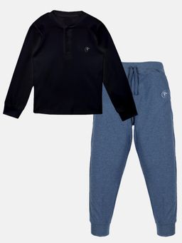 KiddoPanti - Solid Henley Neck Rib T-Shirt & Trackpant