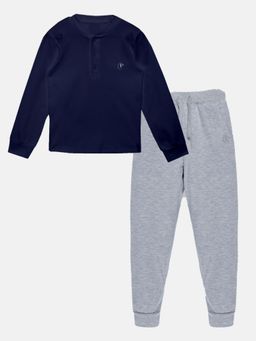 KiddoPanti - Solid Full Sleeves Henley Neck Rib T-Shirt with Trackpant