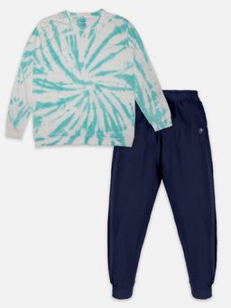 KiddoPanti - Boys Green Tie & Dye Full Sleeve T-Shirt with Trackpant