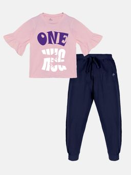 KiddoPanti - Girls One Hug Print Frill Sleeves T-Shirt & Trackpant