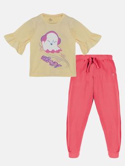 KiddoPanti - Girls Whoop Print Frill Sleeves T-Shirt & Trackpant