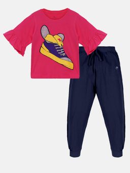 KiddoPanti - Girls Wing Shoes Print Frill Sleeves T-Shirt & Trackpant