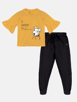 KiddoPanti - Girls Dog Print Frill Sleeves T-Shirt & Trackpant