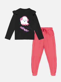 KiddoPanti - Girls Whoop Print Frill Sleeves T-Shirt & Trackpant