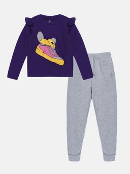 KiddoPanti - Girls Wing Shoes Print Frill Sleeves T-Shirt & Trackpant