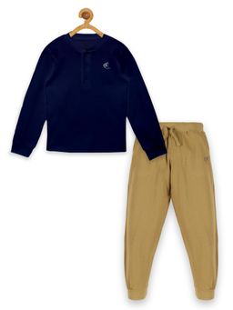 KiddoPanti - Solid Full Sleeve Henley Neck Rib T-Shirt & Trackpant