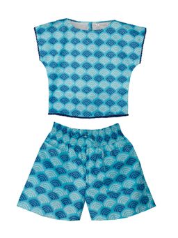 KiddoPanti - Girls Blue Printed Pom Pom Pattern Lace Co-Ord Set