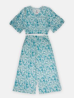 KiddoPanti - Girls Aqua Tie & Dye Cropped Wrap Top with Flared Pant