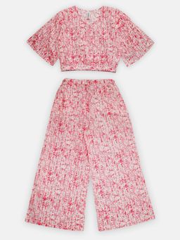 KiddoPanti - Girls Pink Tie & Dye Cropped Wrap Top with Flared Pant