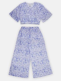 KiddoPanti - Girls Blue Tie & Dye Cropped Wrap Top with Flared Pant